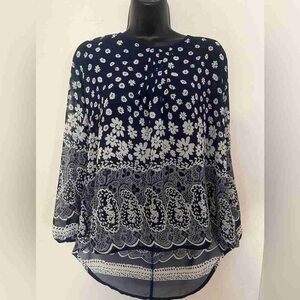 Navy Floral Printed Long-Sleeve Blouse - Women's Top